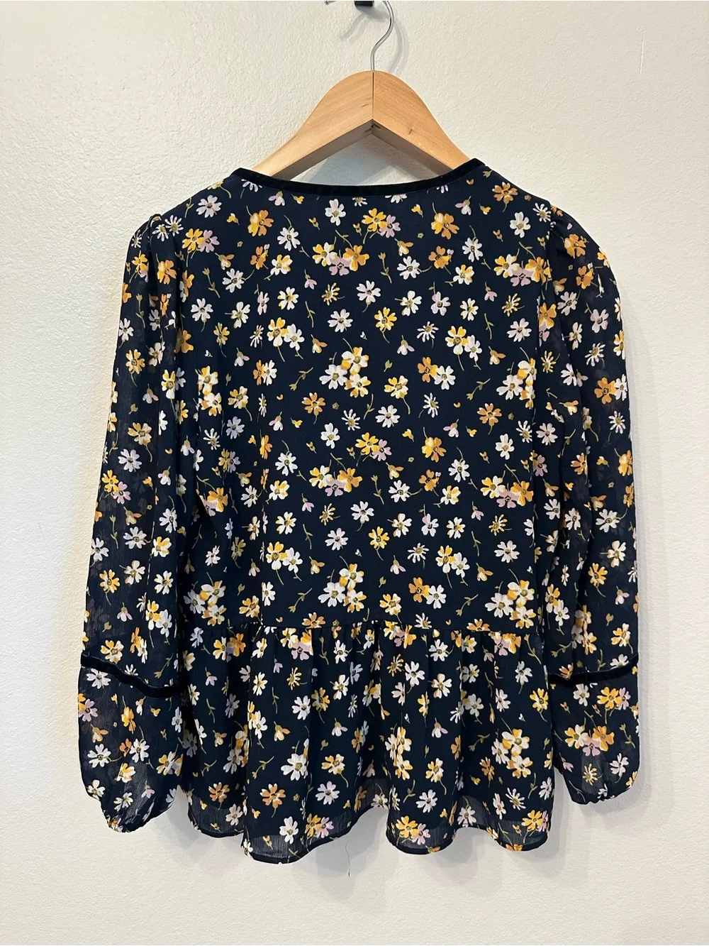 Madewell Navy Floral Peplum Top with Yellow & White Blossoms